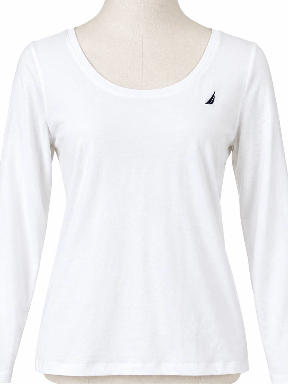 Nautica White Long-Sleeve Scoop Neck Tee with Navy Sail Logo